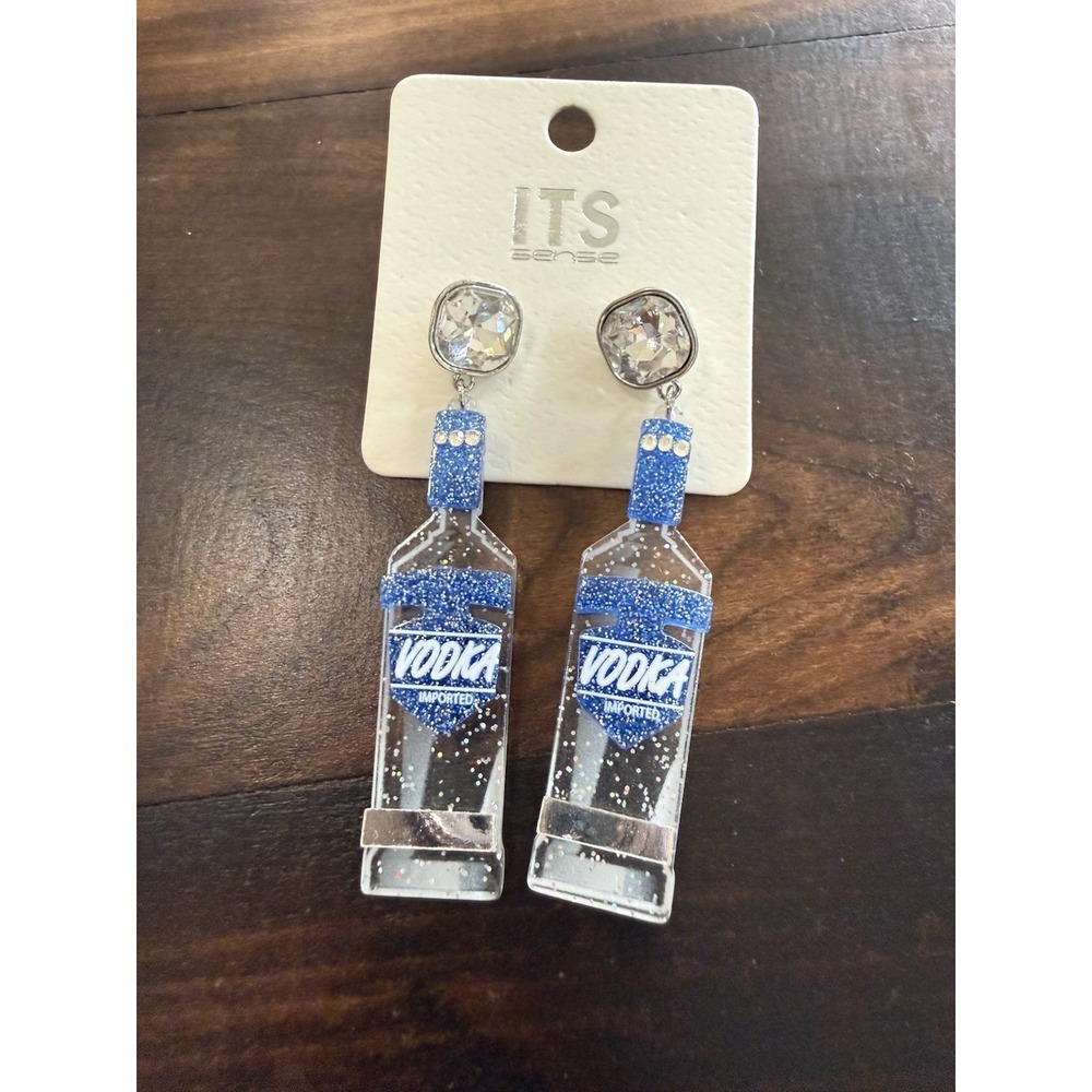ITS Sense Vodka Bottle Dangle Earrings Clear Glitter Acrylic Rhinestone Stud